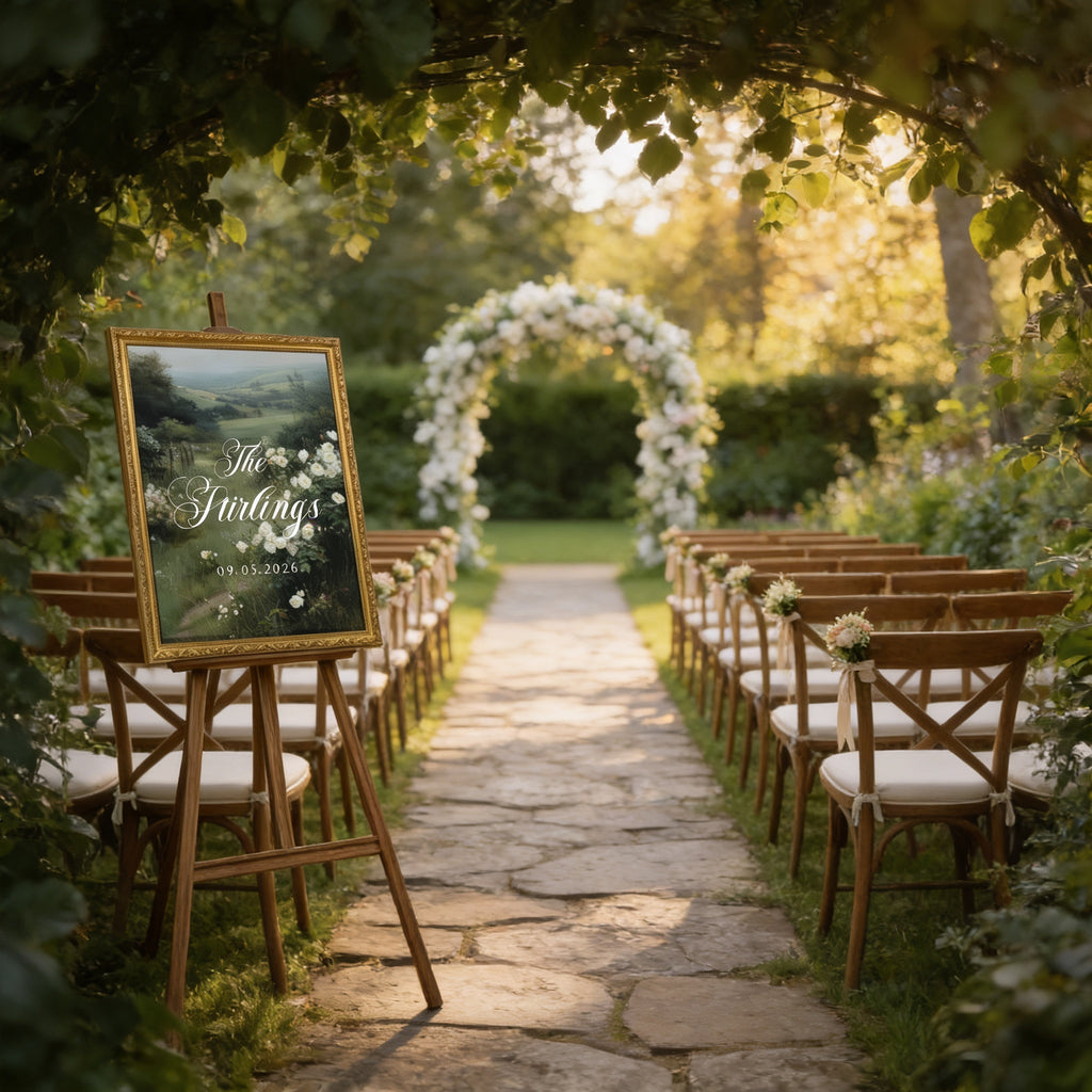 a beautifully decorated outdoor wedding ceremony setup, with a stone pathway leading to a floral archway and rows of wooden chairs arranged for the guests.