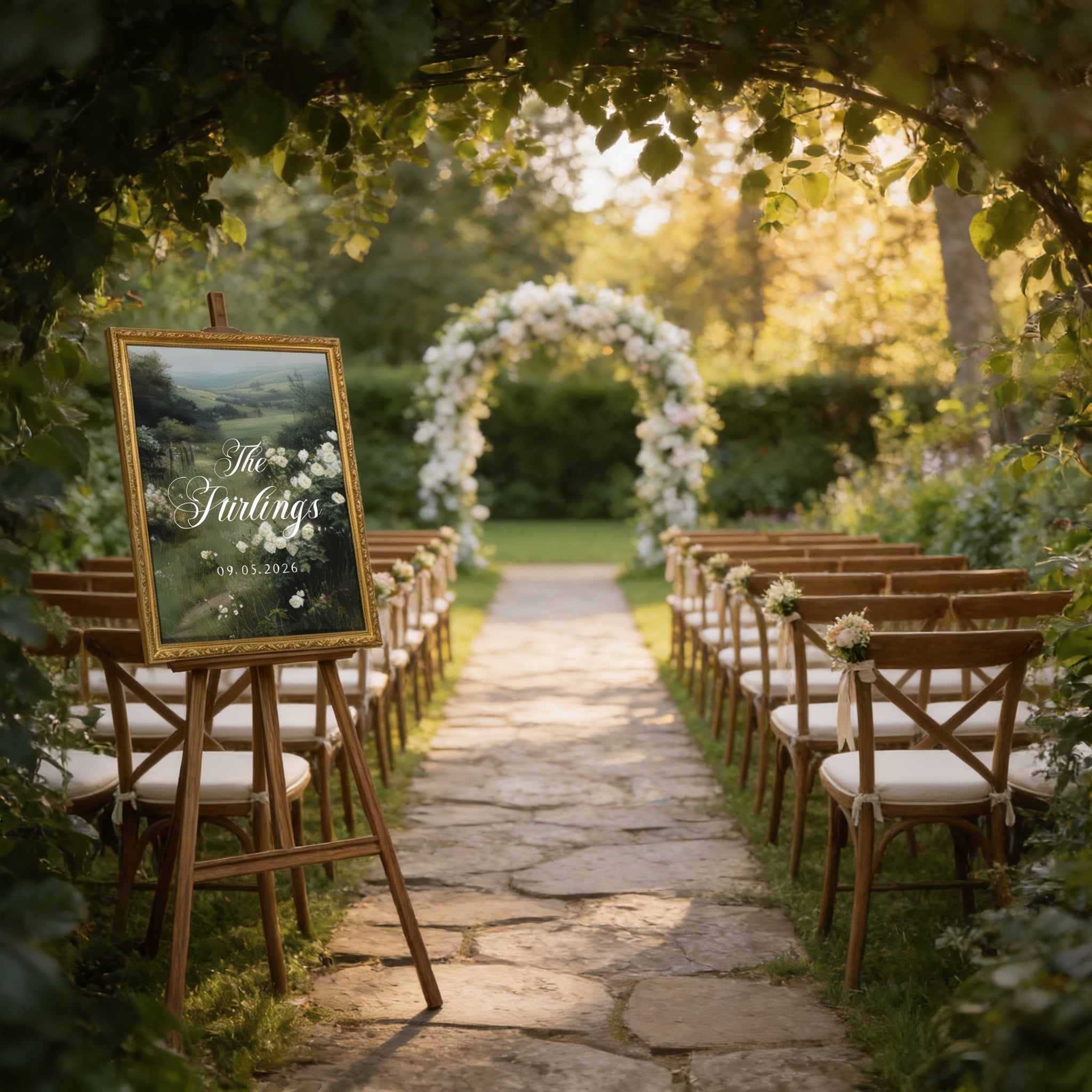a beautifully decorated outdoor wedding ceremony setup, with a stone pathway leading to a floral archway and rows of wooden chairs arranged for the guests.