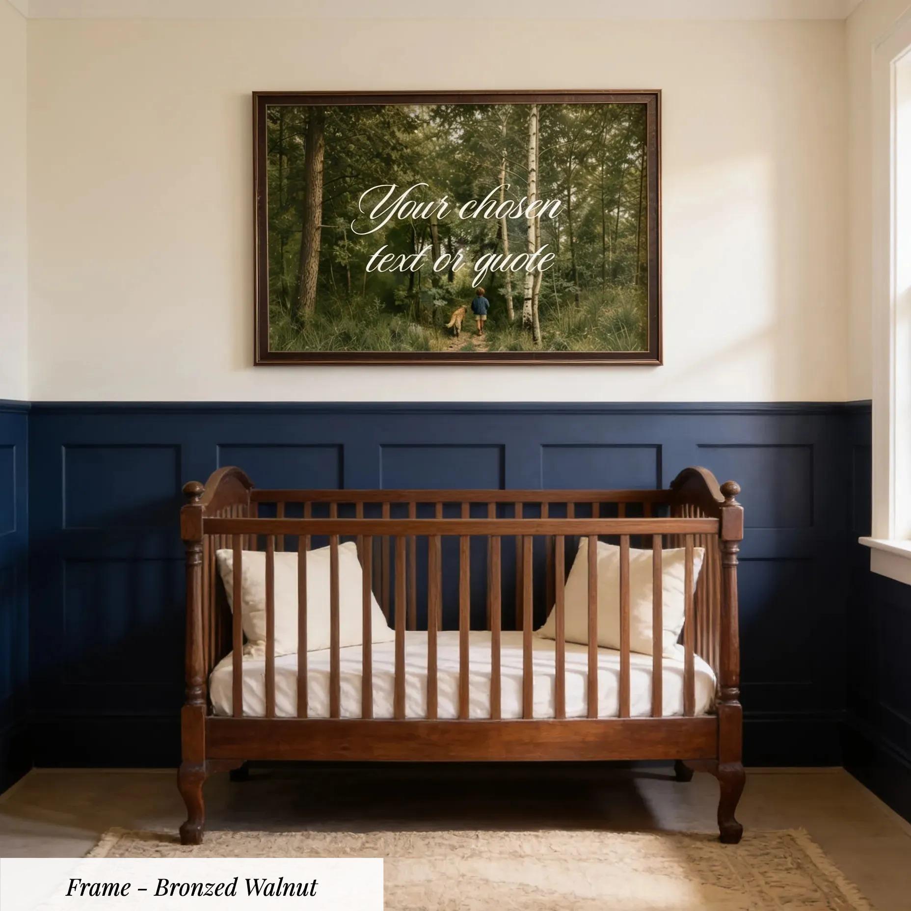 a wooden crib with white sheets, placed in a room with blue walls and a rug on the floor. Above the crib, there is a framed picture of a forest scene.