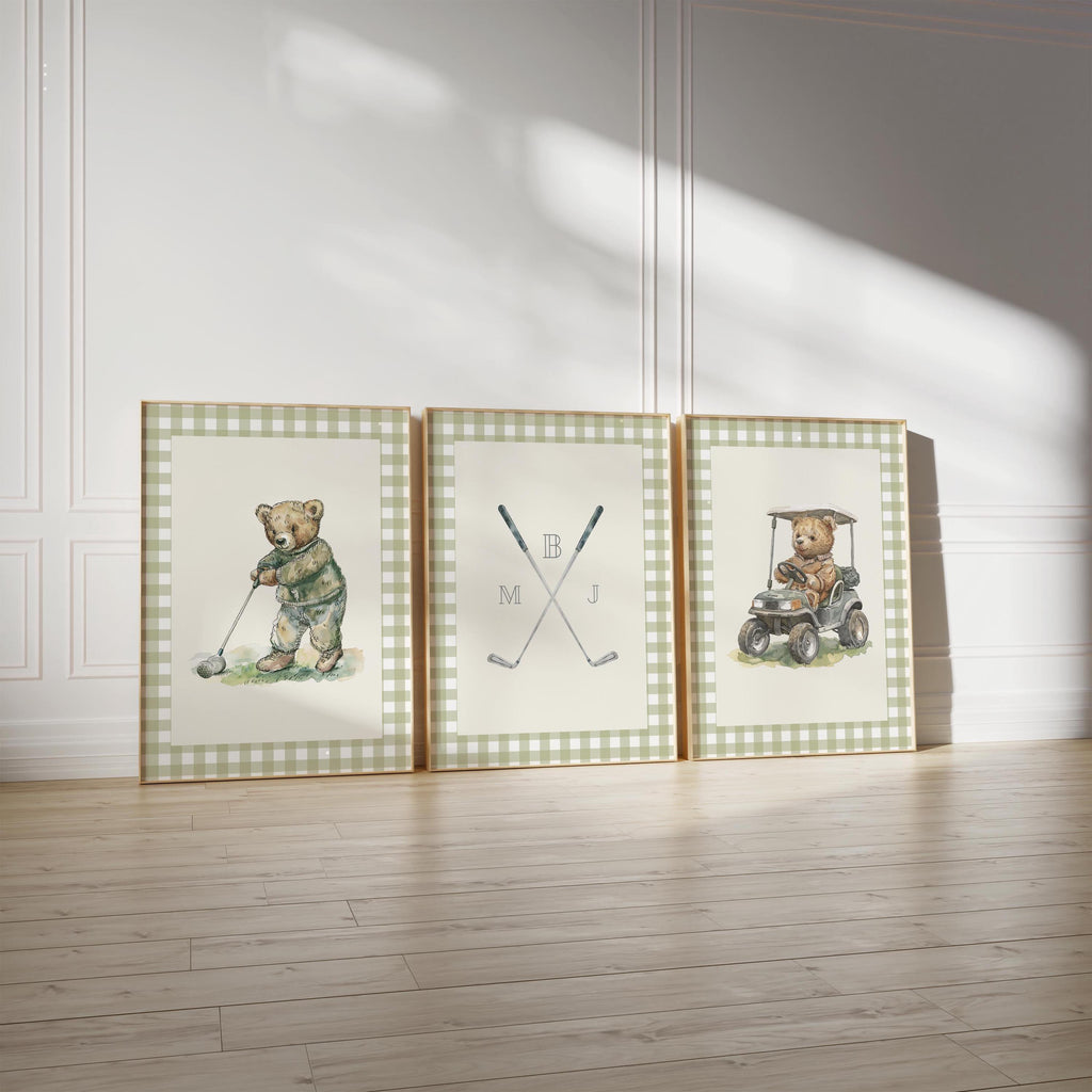 Boy golf nursery art, Vintage boy nursery, Teddy Bear Golf Print Nursery, Teddy Bear Art Kids Room, Gingham, Green, Digital,Printable,Framed