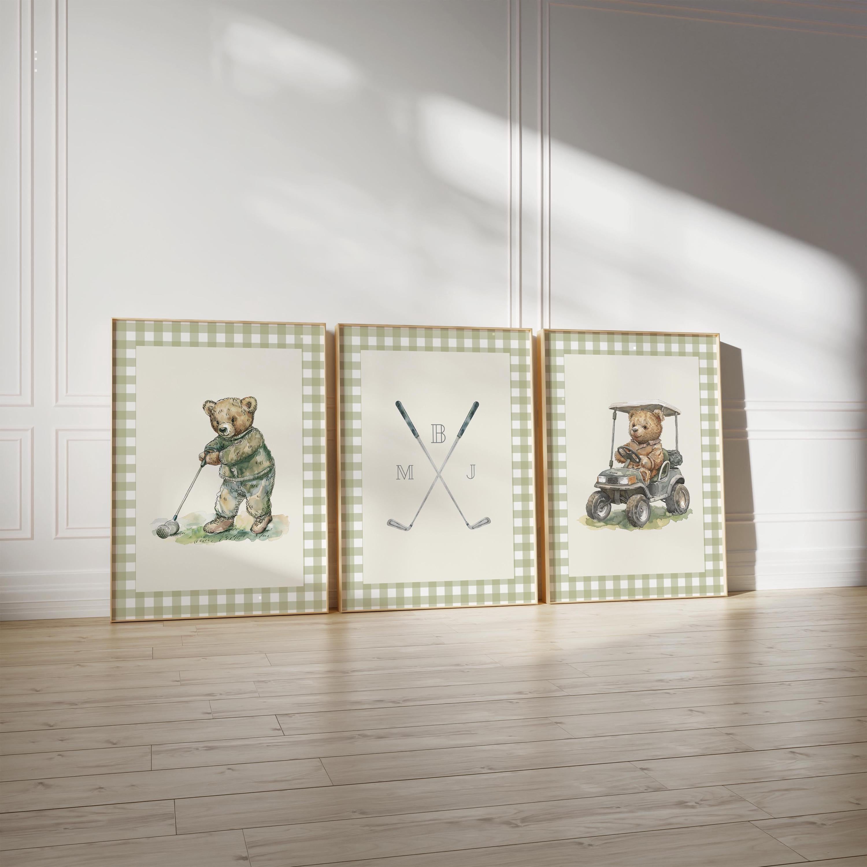 Boy golf nursery art, Vintage boy nursery, Teddy Bear Golf Print Nursery, Teddy Bear Art Kids Room, Gingham, Green, Digital,Printable,Framed