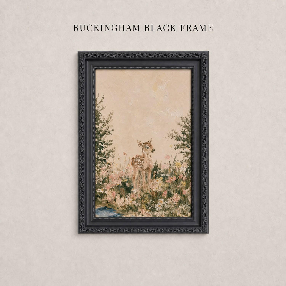 A framed painting of a deer standing in a field of flowers, with a black frame and text above the painting that reads "Buckingham Black Frame".
