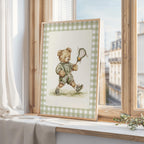 Vintage Lacrosse Teddy Bear Gingham Wall Art, Adorable Bear in Lacrosse Uniform, Decor for Kids Room, Nursery, Gift for Sports Fans, Green