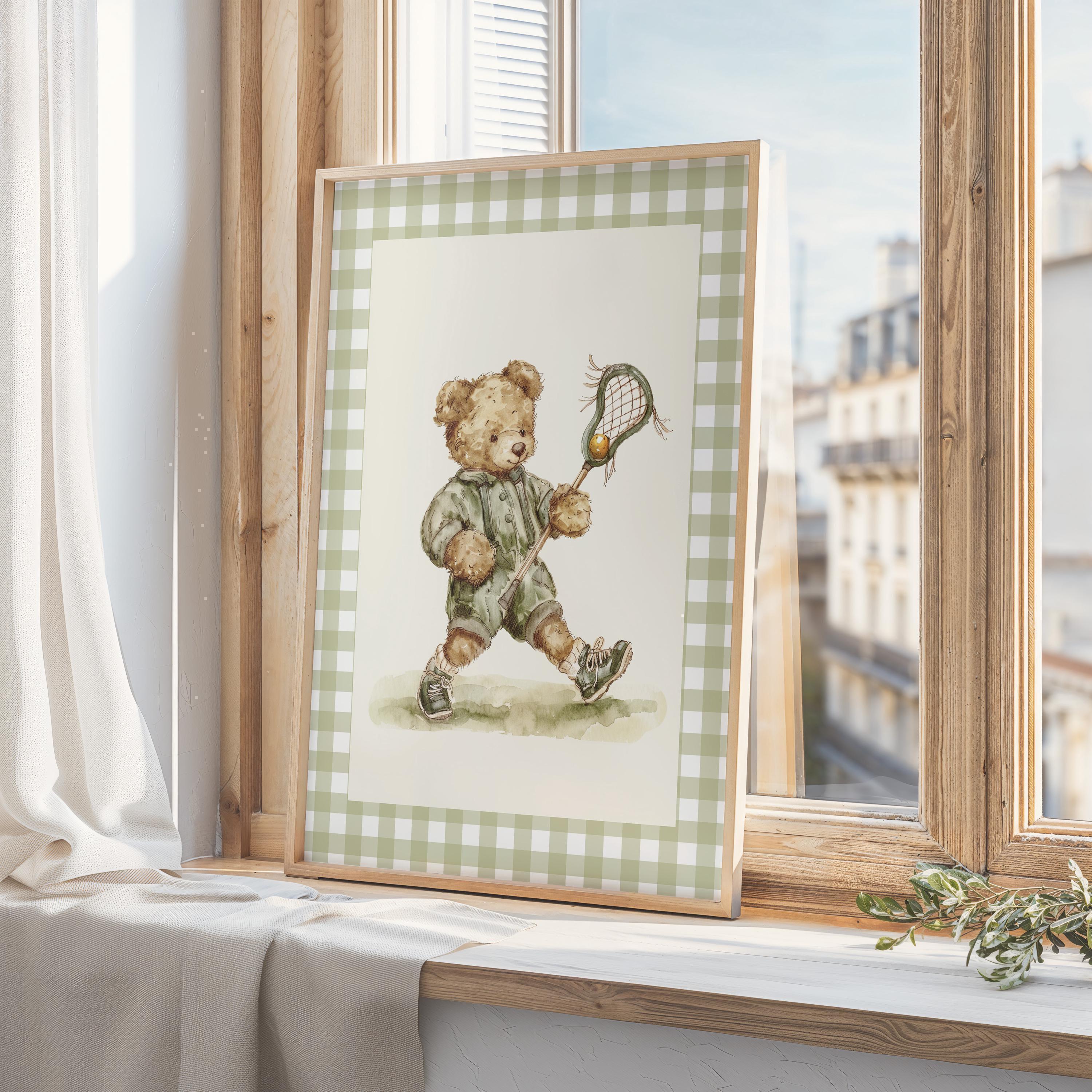 Vintage Lacrosse Teddy Bear Gingham Wall Art, Adorable Bear in Lacrosse Uniform, Decor for Kids Room, Nursery, Gift for Sports Fans, Green