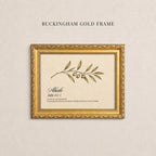 May include: A rectangular gold frame with an ornate, textured border containing a print of an olive branch. The text reads BUCKINGHAM GOLD FRAME, Abide, John 15:4-5, and the verse: I am the vine; you are the branches. If you remain in me and I in you, you will bear much fruit; apart from me you can do nothing.