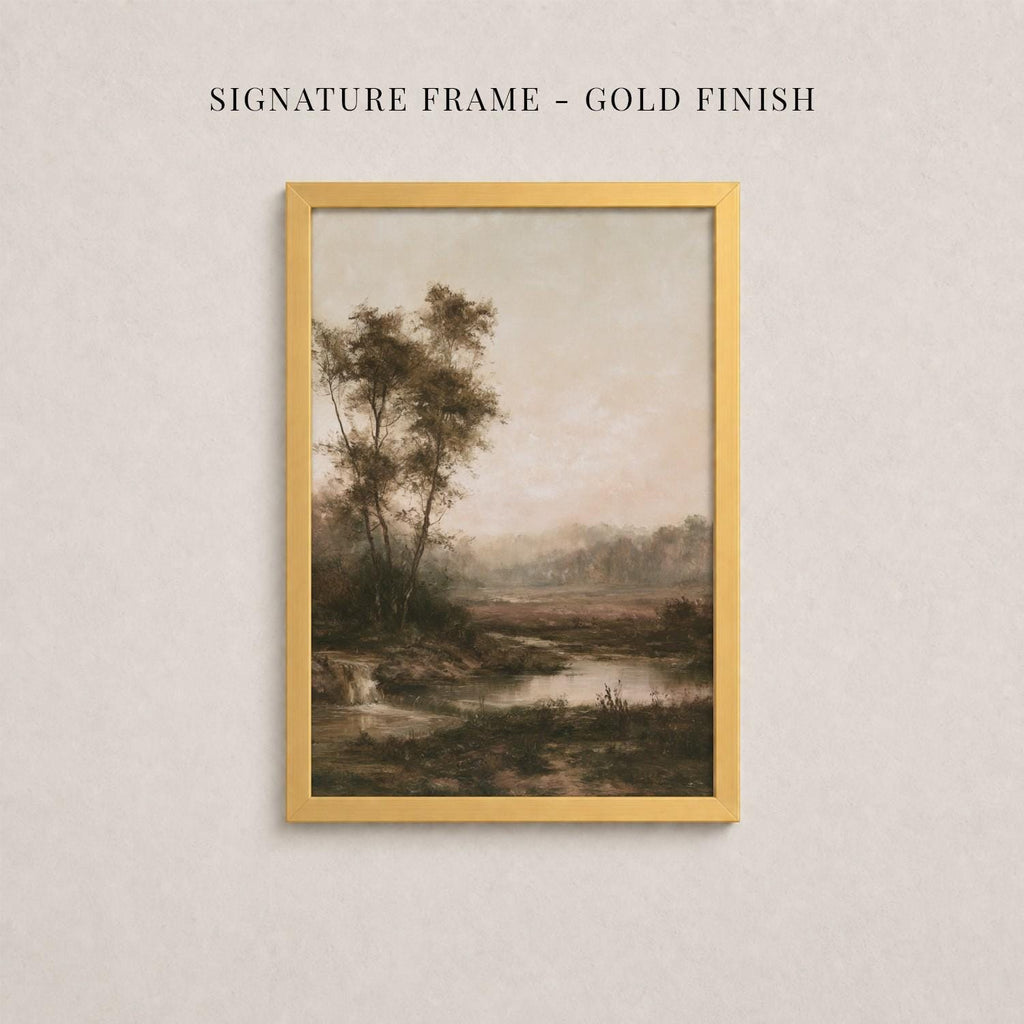 The image is a framed painting of a serene landscape with trees, a river, and a hazy sky.