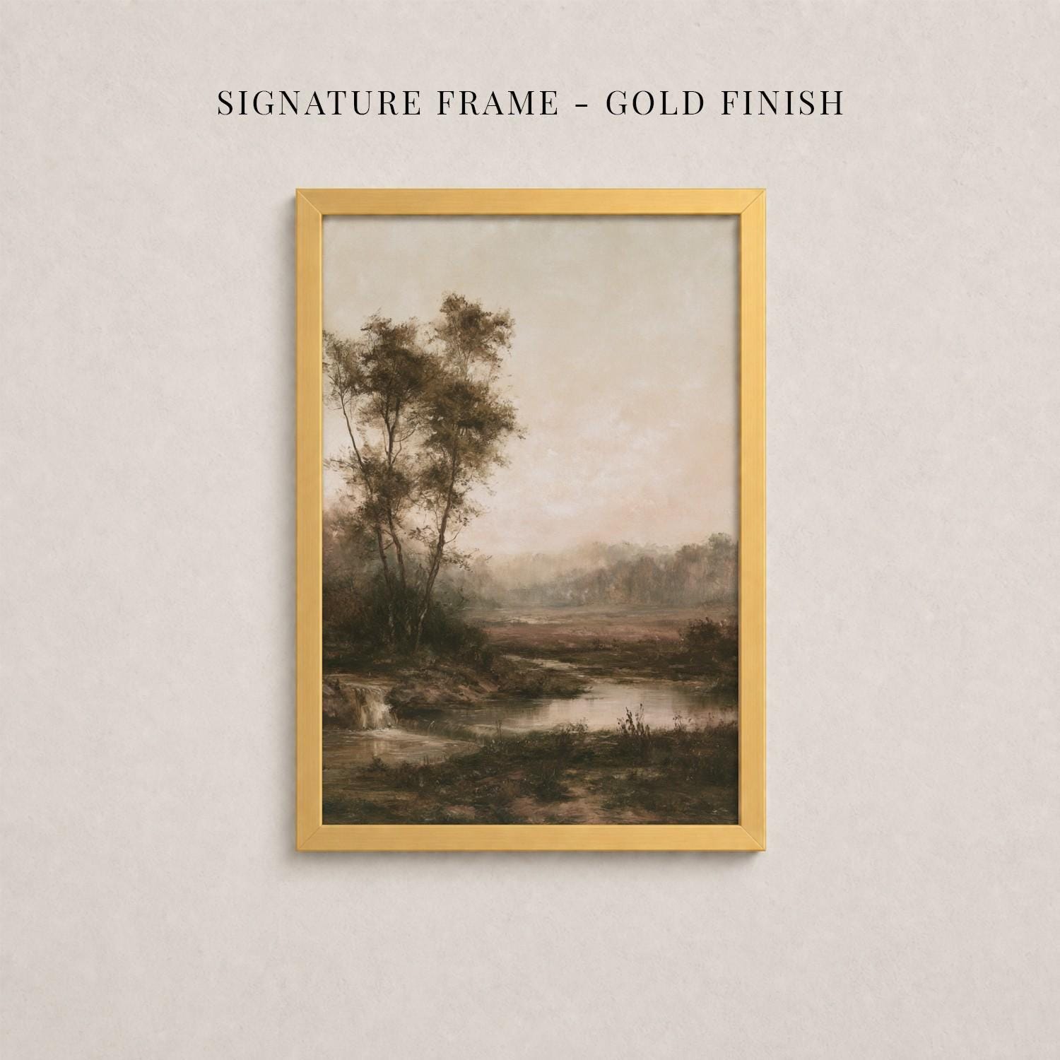The image is a framed painting of a serene landscape with trees, a river, and a hazy sky.