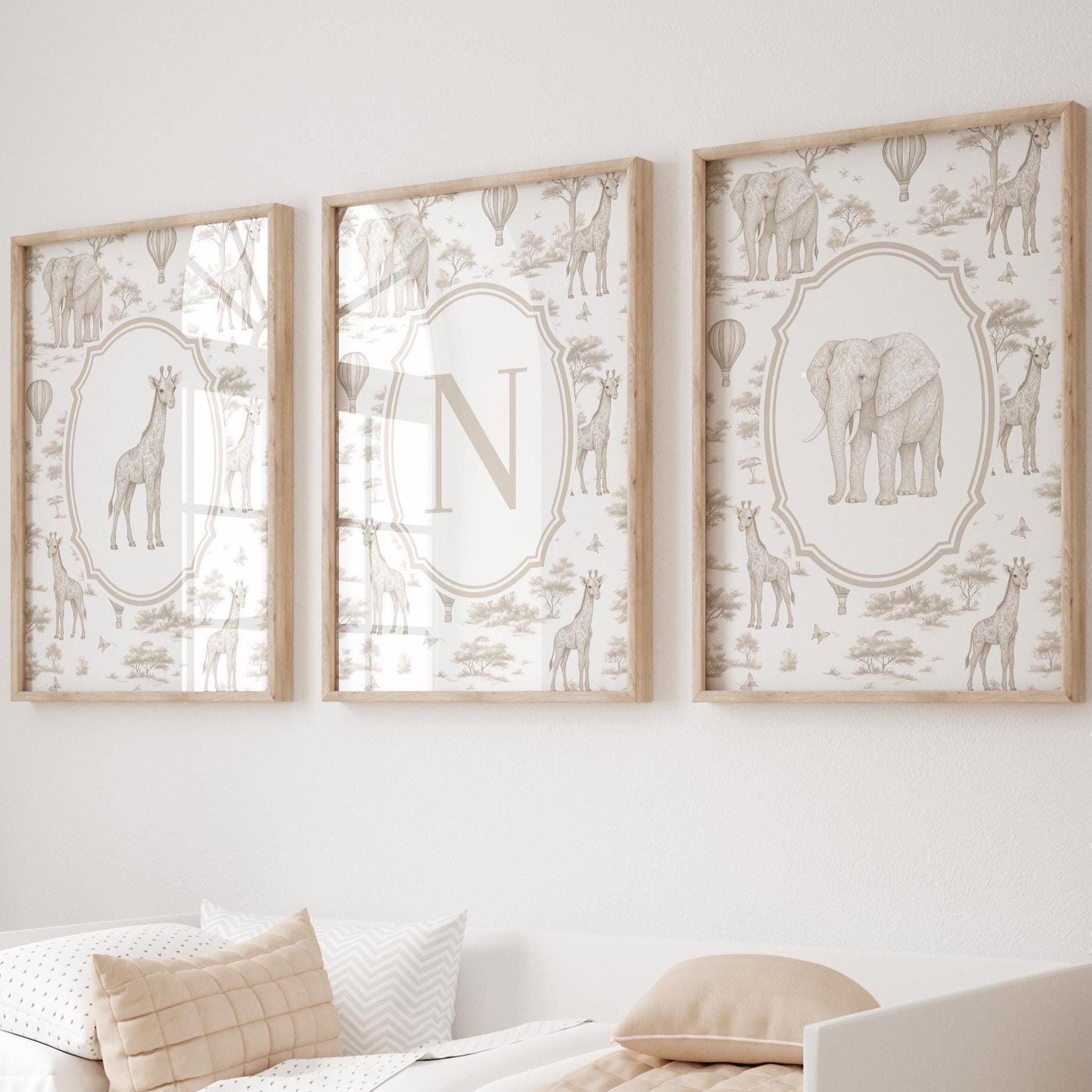 Beige Safari Nursery Art Prints: Chinoiserie Toile de Jouy Animals | 1443
