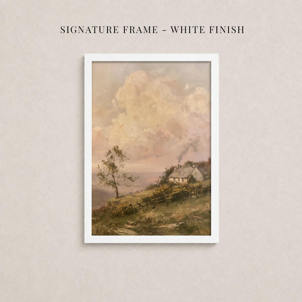 The image is a framed painting depicting a rural landscape with a house and trees in the background.
