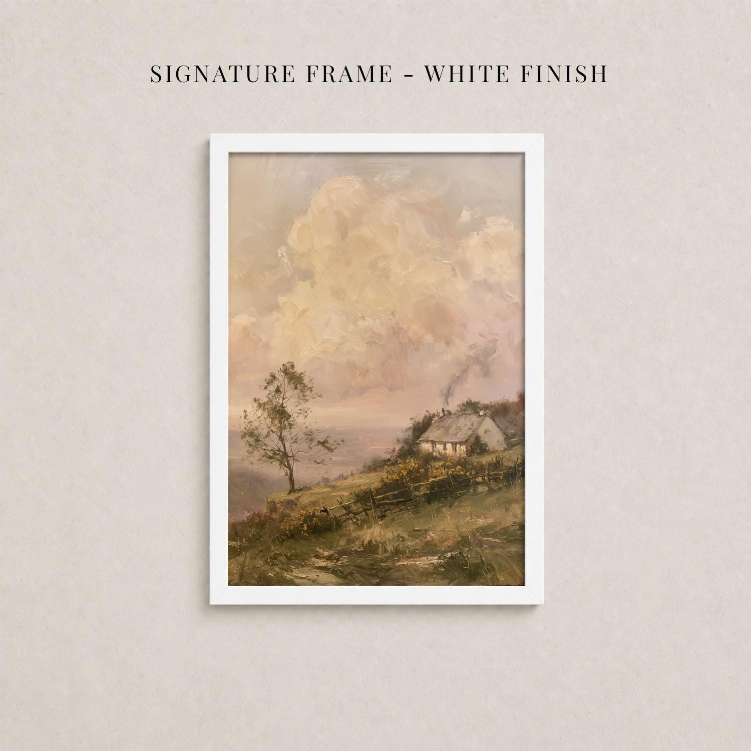 The image is a framed painting depicting a rural landscape with a house and trees in the background.