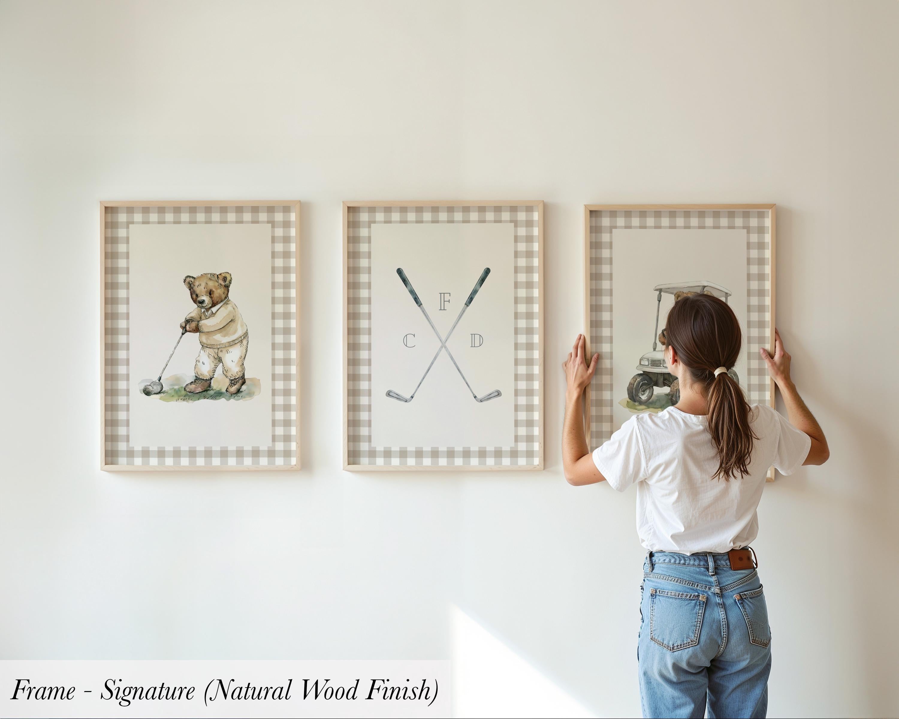 Boy's Golf Nursery Art ∙ Set of 3 Prints Beige Plaid Teddy Bears | 2237