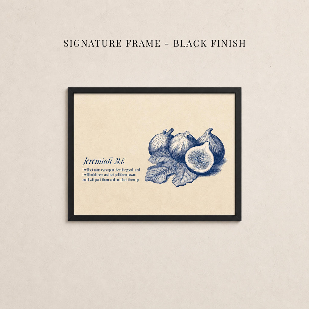 The image is a framed print featuring an illustration of various fruits, including figs and leaves, along with a caption describing the image.