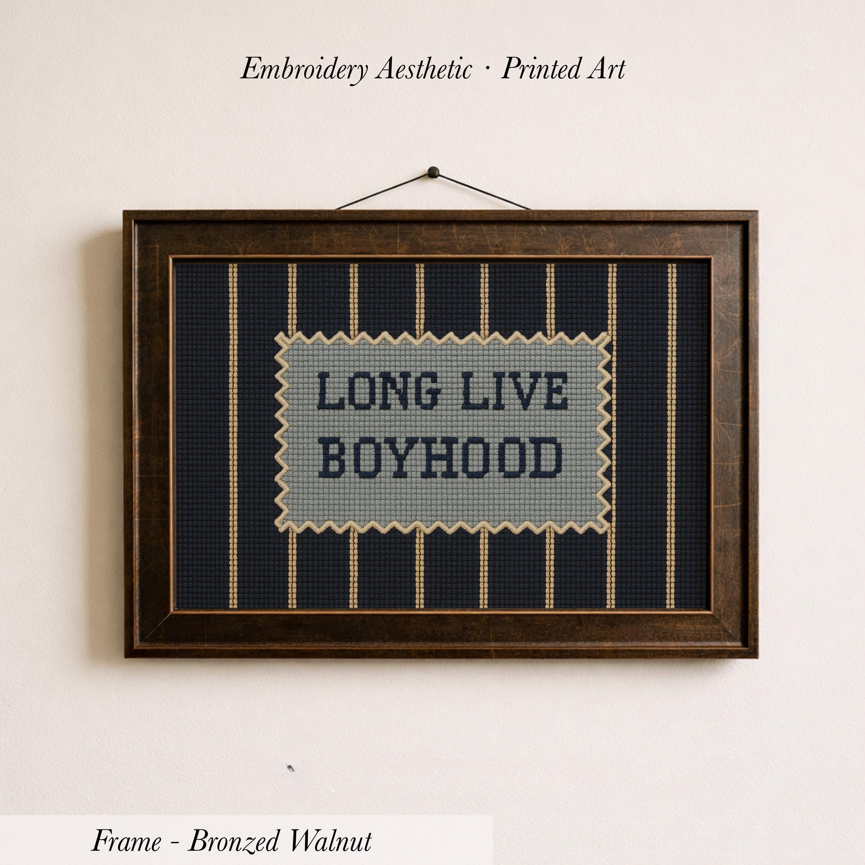 a framed embroidered piece of art with the text "LONG LIVE BOYHOOD" on it.