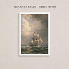 The image is a framed painting depicting a sailing ship on the ocean, with a cloudy sky in the background.