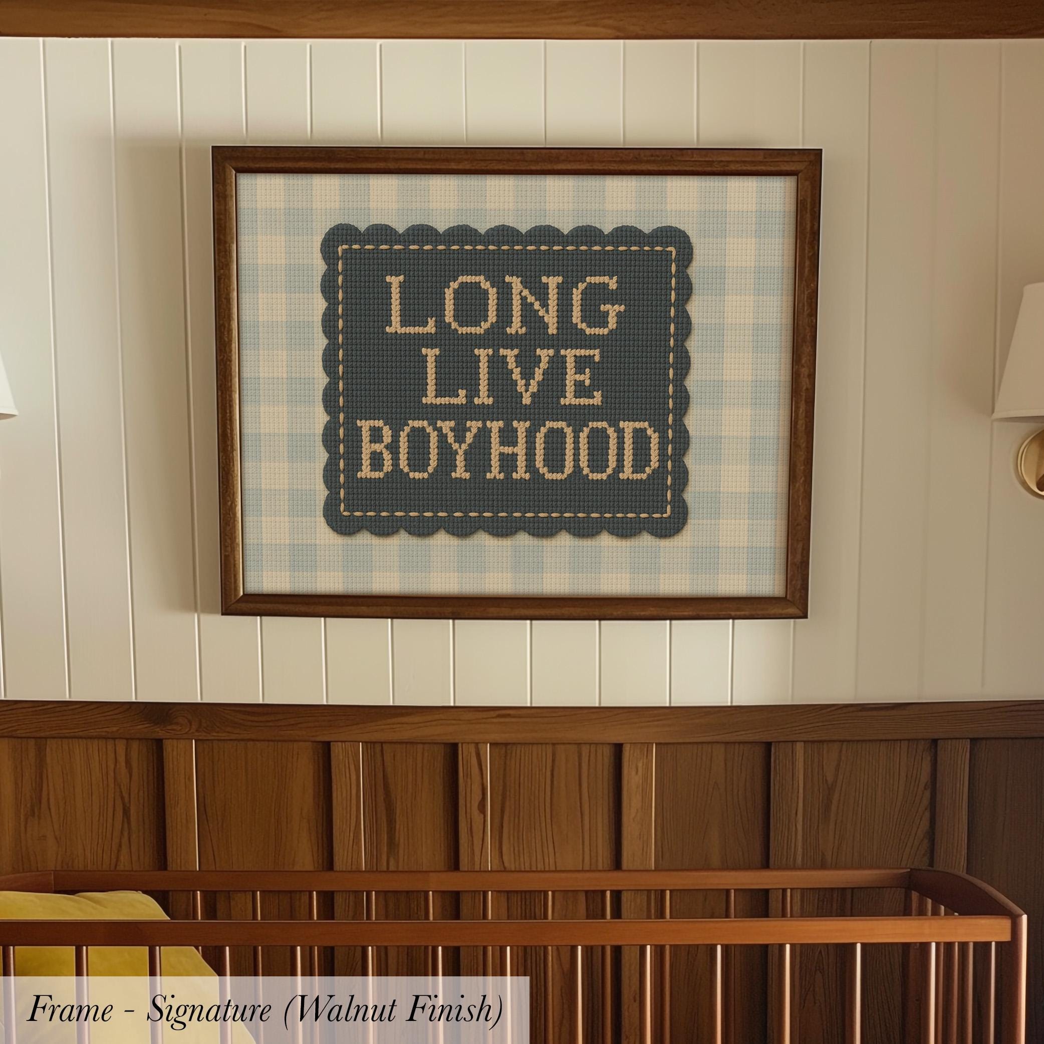 a framed cross-stitch design with the text "LONG LIVE BOYHOOD" on it, hanging on a wall above a wooden crib.