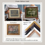 The image is a collage of four different framed artworks, each with a unique frame option, including a bronze walnut frame, a signature color option, a Buckingham frame, and a natural wood frame. The image also provides information about the frame options, such as the size of the frames and the color options available.