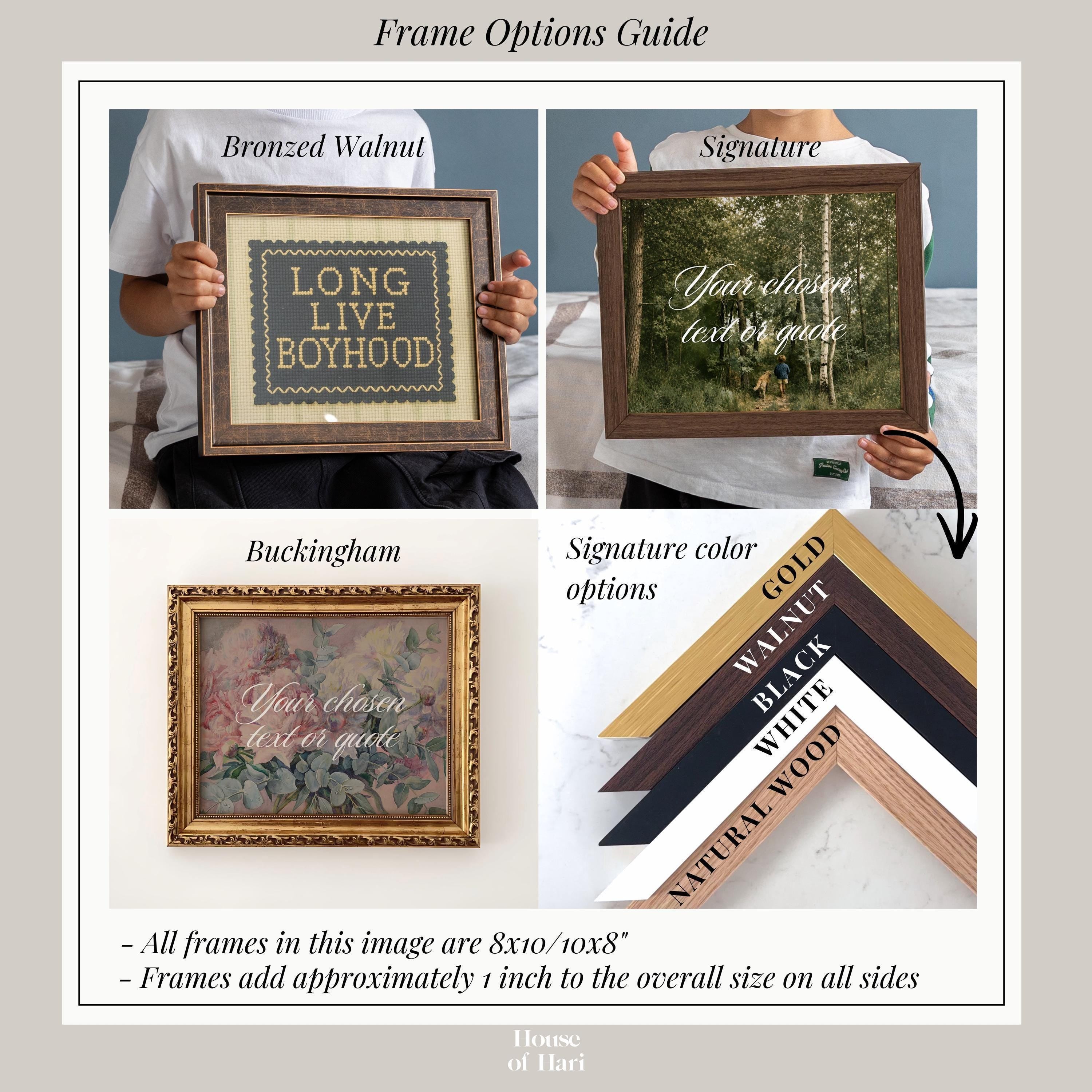 The image is a collage of four different framed artworks, each with a unique frame option, including a bronze walnut frame, a signature color option, a Buckingham frame, and a natural wood frame. The image also provides information about the frame options, such as the size of the frames and the color options available.
