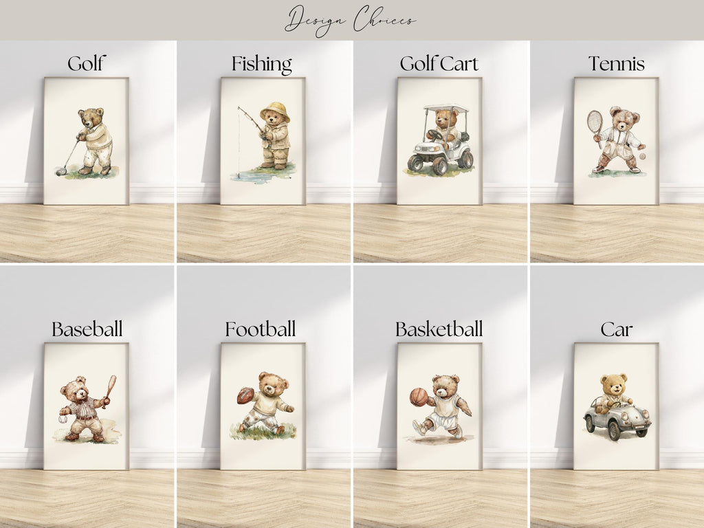 The image is a collage of eight framed pictures depicting various sports and activities, including golf, fishing, golf cart, tennis, baseball, football, basketball, and a car.