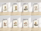 The image is a collage of eight framed pictures depicting various sports and activities, including golf, fishing, golf cart, tennis, baseball, football, basketball, and a car.