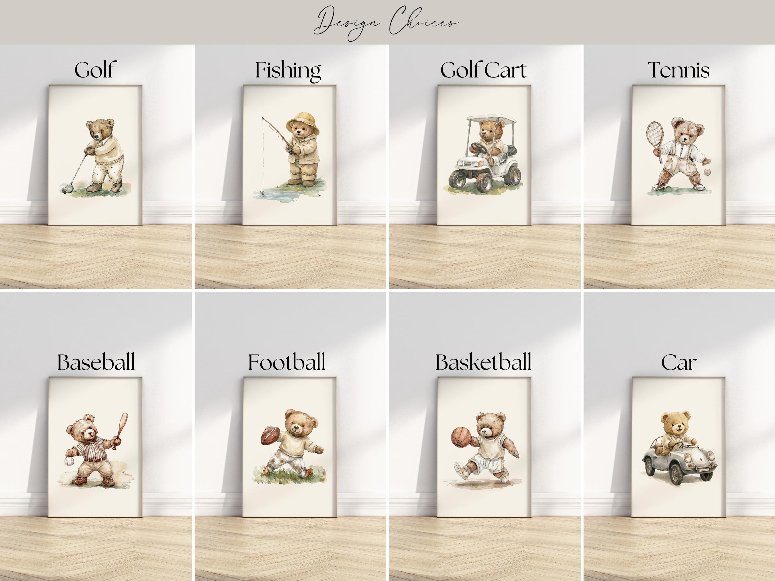 The image is a collage of eight framed pictures depicting various sports and activities, including golf, fishing, golf cart, tennis, baseball, football, basketball, and a car.