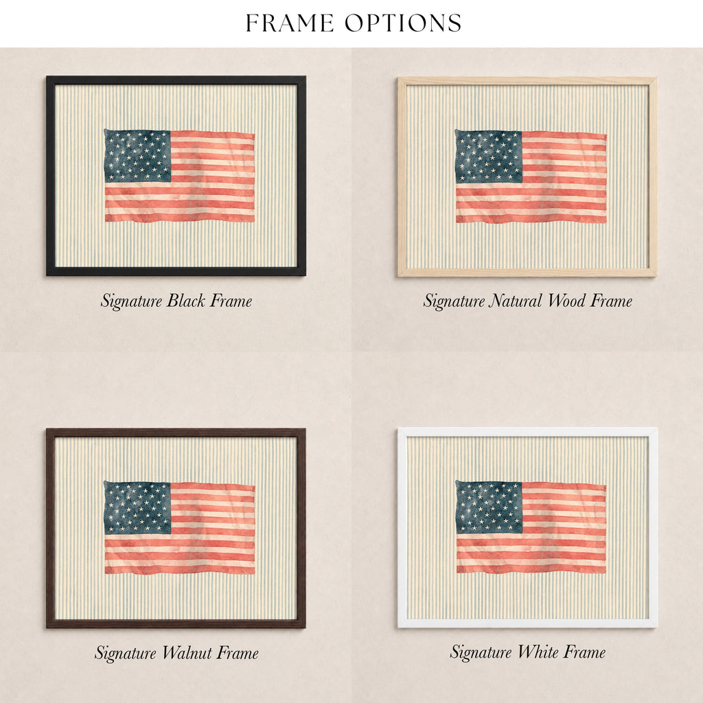four different frame options for a picture of the American flag, each with a different frame color and style.