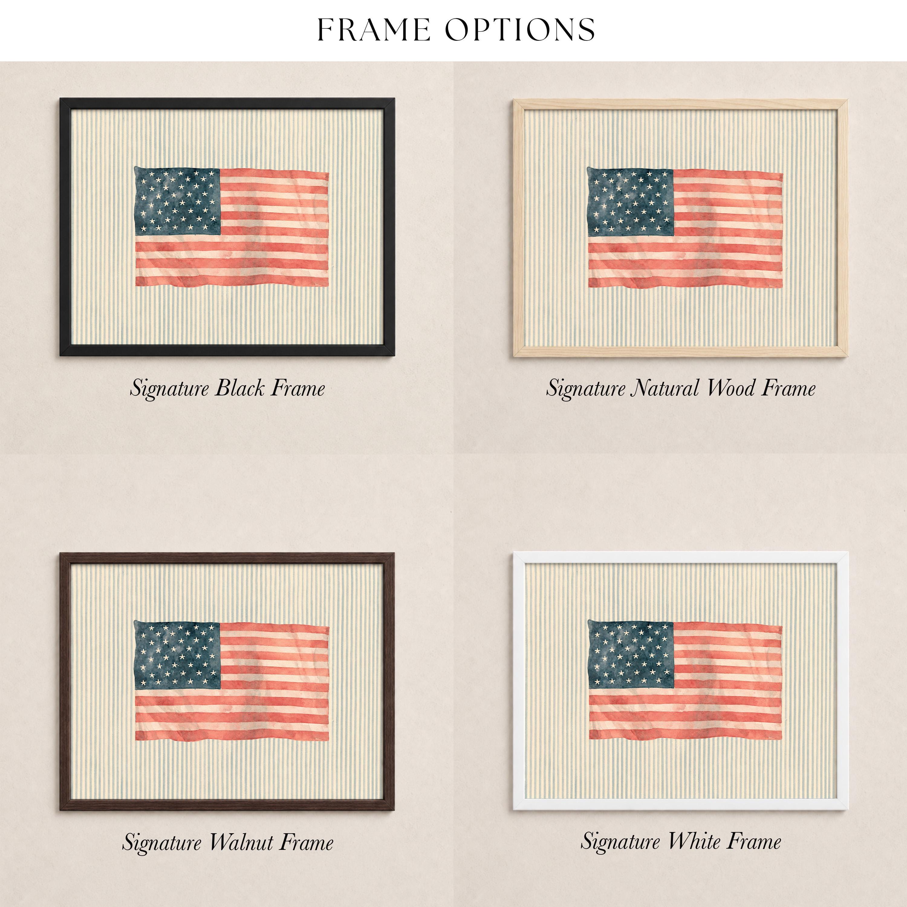 four different frame options for a picture of the American flag, each with a different frame color and style.