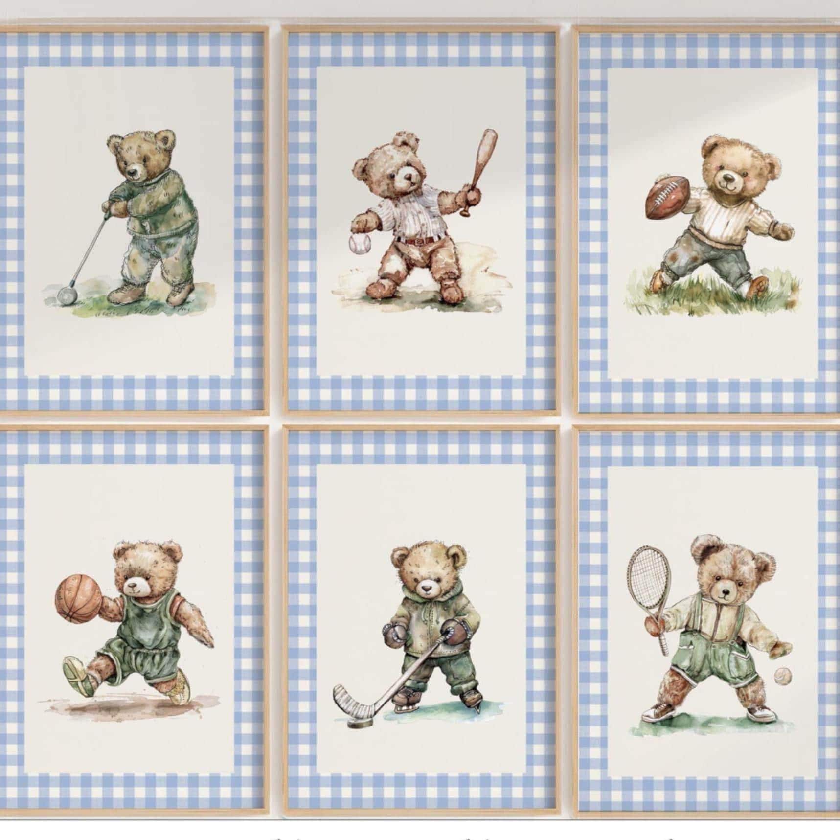 Set of 6 Vintage Teddy Bear Sports Wall Art, Babyshower Gift Boy, Watercolor Illustrations,Sports Nursery Theme Decor,Kids Room,Blue Gingham