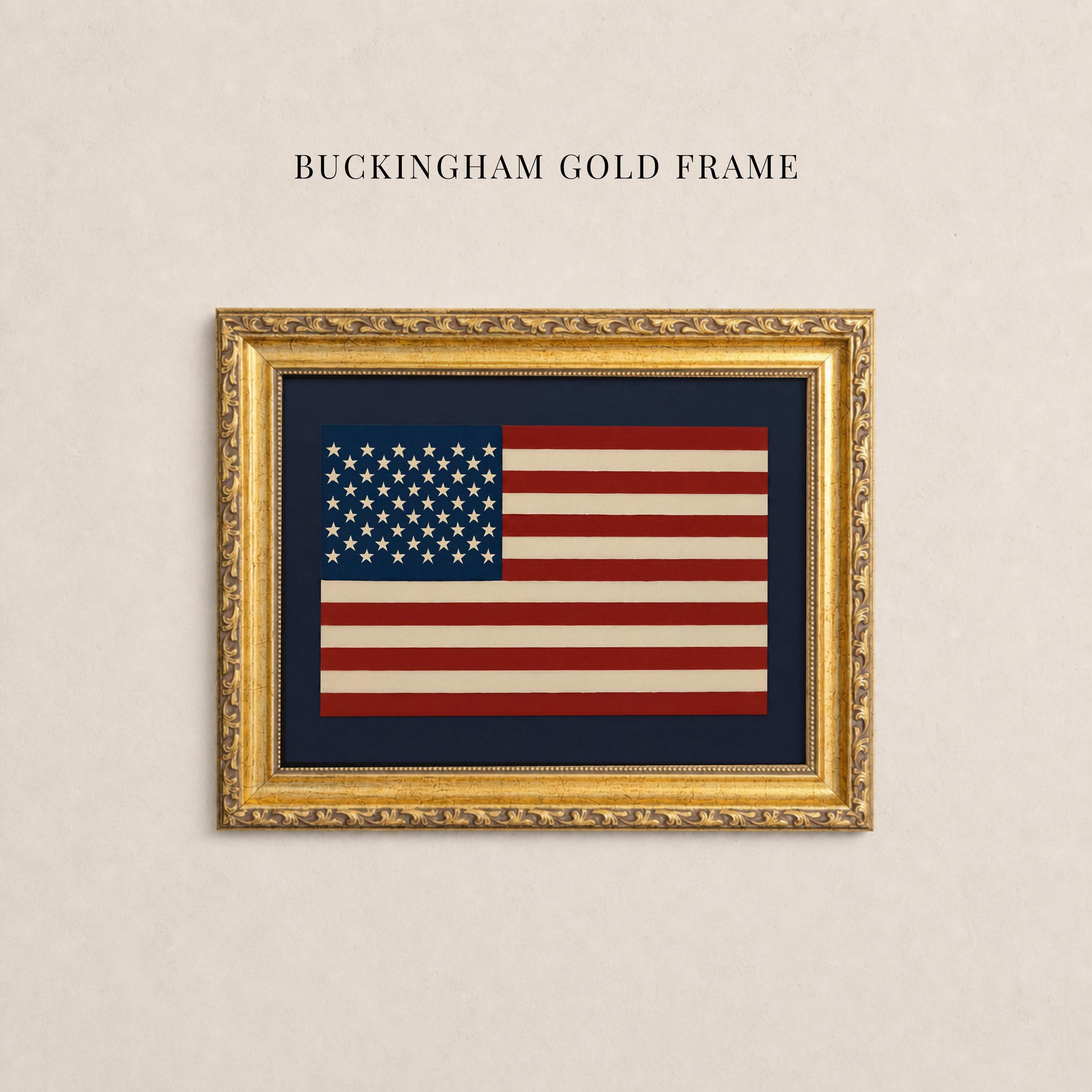 American Flag Print - Rustic Americana Oil Painting Style Gold Framed Patriotic Decor | 2134