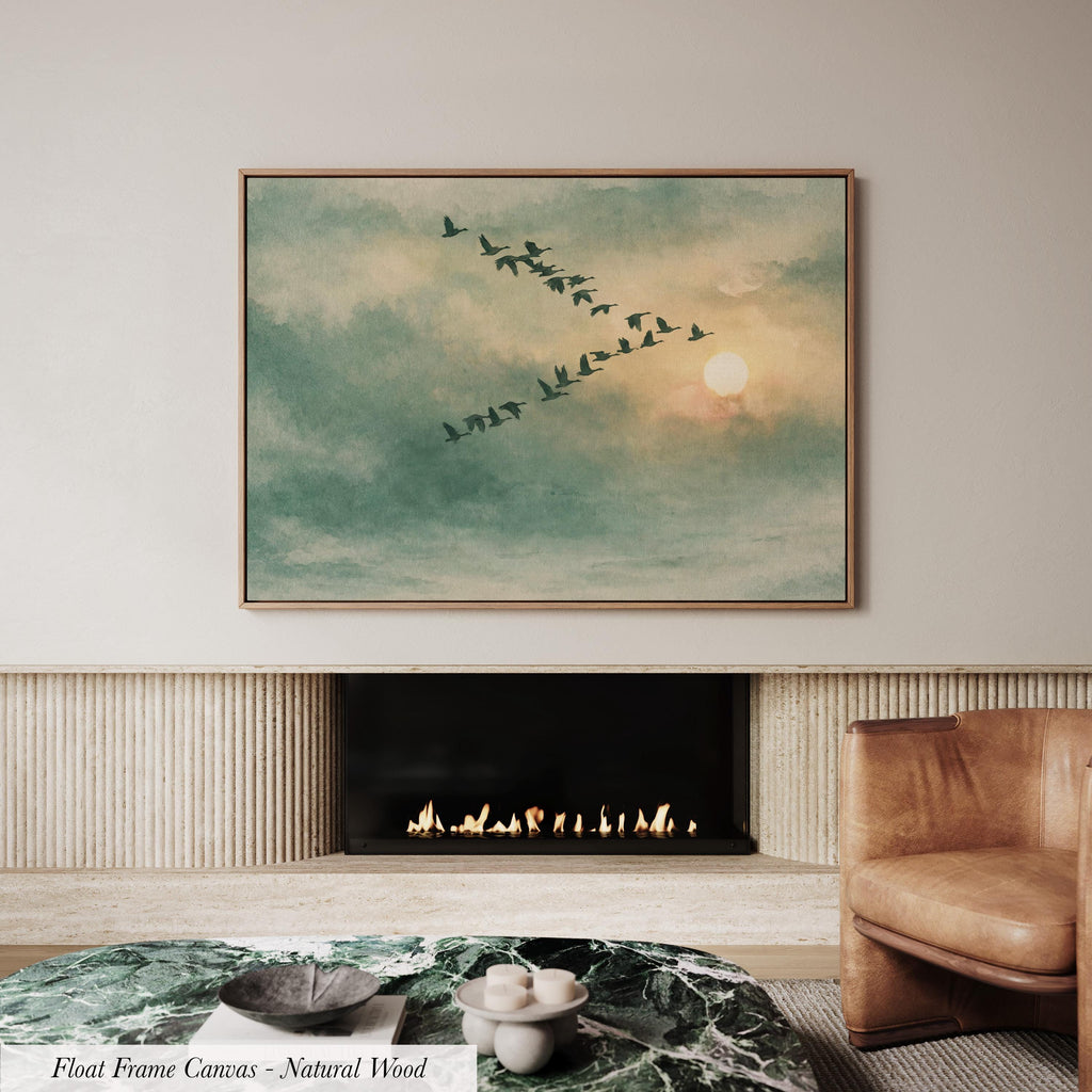 Framed Sage Green Japandi Flying Birds Canvas Wall Art Print | 2224