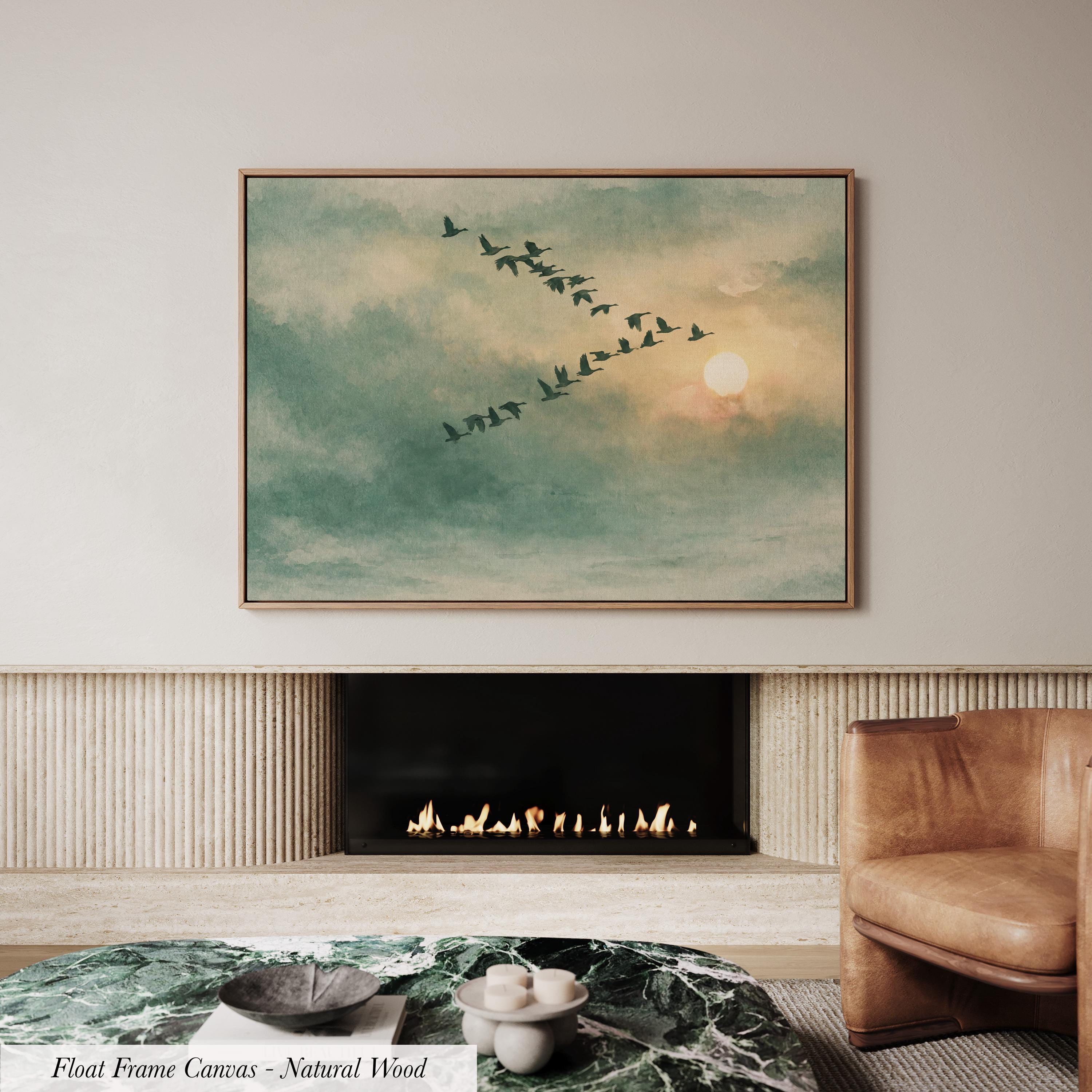 Framed Sage Green Japandi Flying Birds Canvas Wall Art Print | 2224