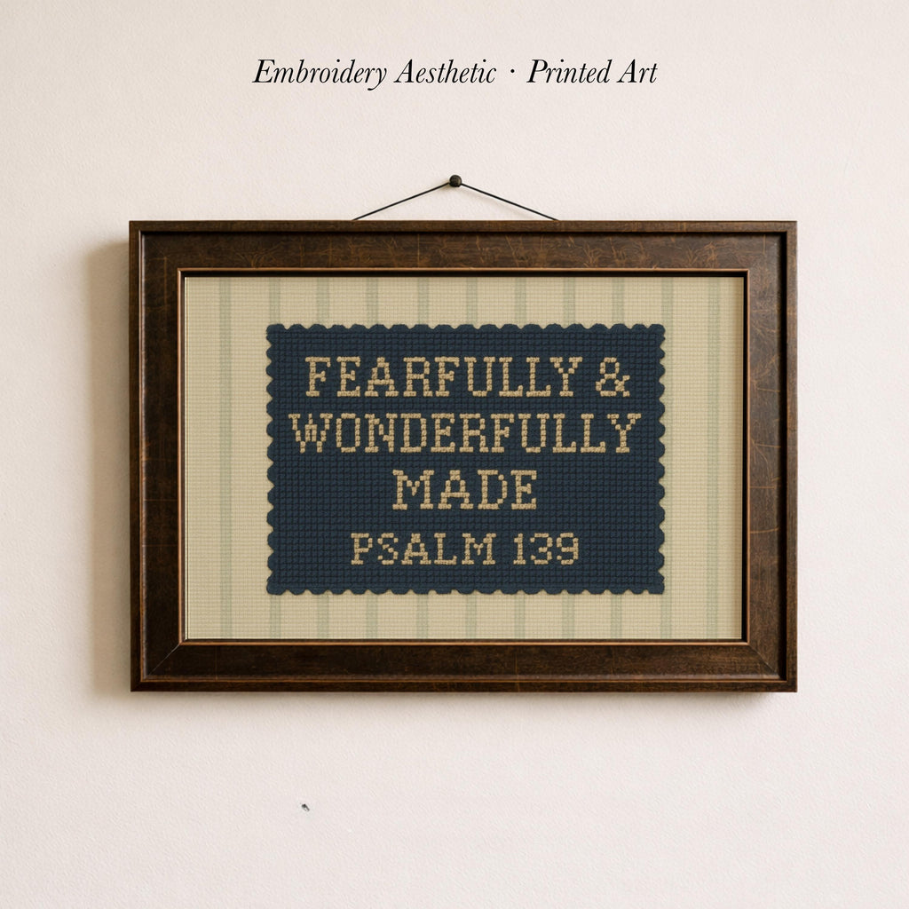 The image is a framed cross-stitch design with the text "FEARFULLY & WONDERFULLY MADE PSALM 139" printed on it.
