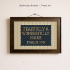 The image is a framed cross-stitch design with the text "FEARFULLY & WONDERFULLY MADE PSALM 139" printed on it.