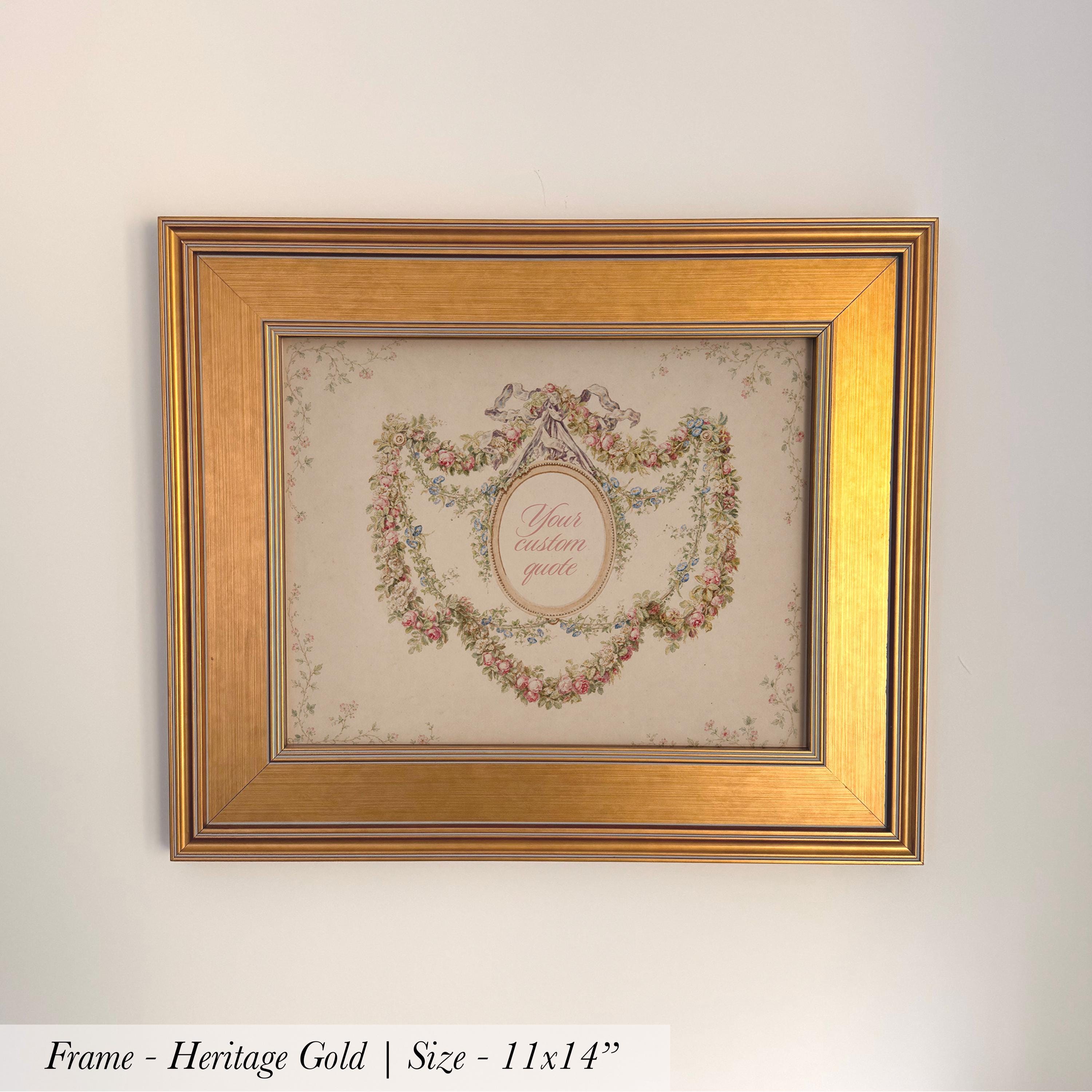 A framed picture with a decorative floral border and the text "Your custom gift" inside the frame.