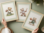 Set of 6 Vintage Teddy Bear Sports Wall Art, Babyshower Gift Boy, Watercolor Illustrations, Sports Nursery Theme Decor for Kids Room