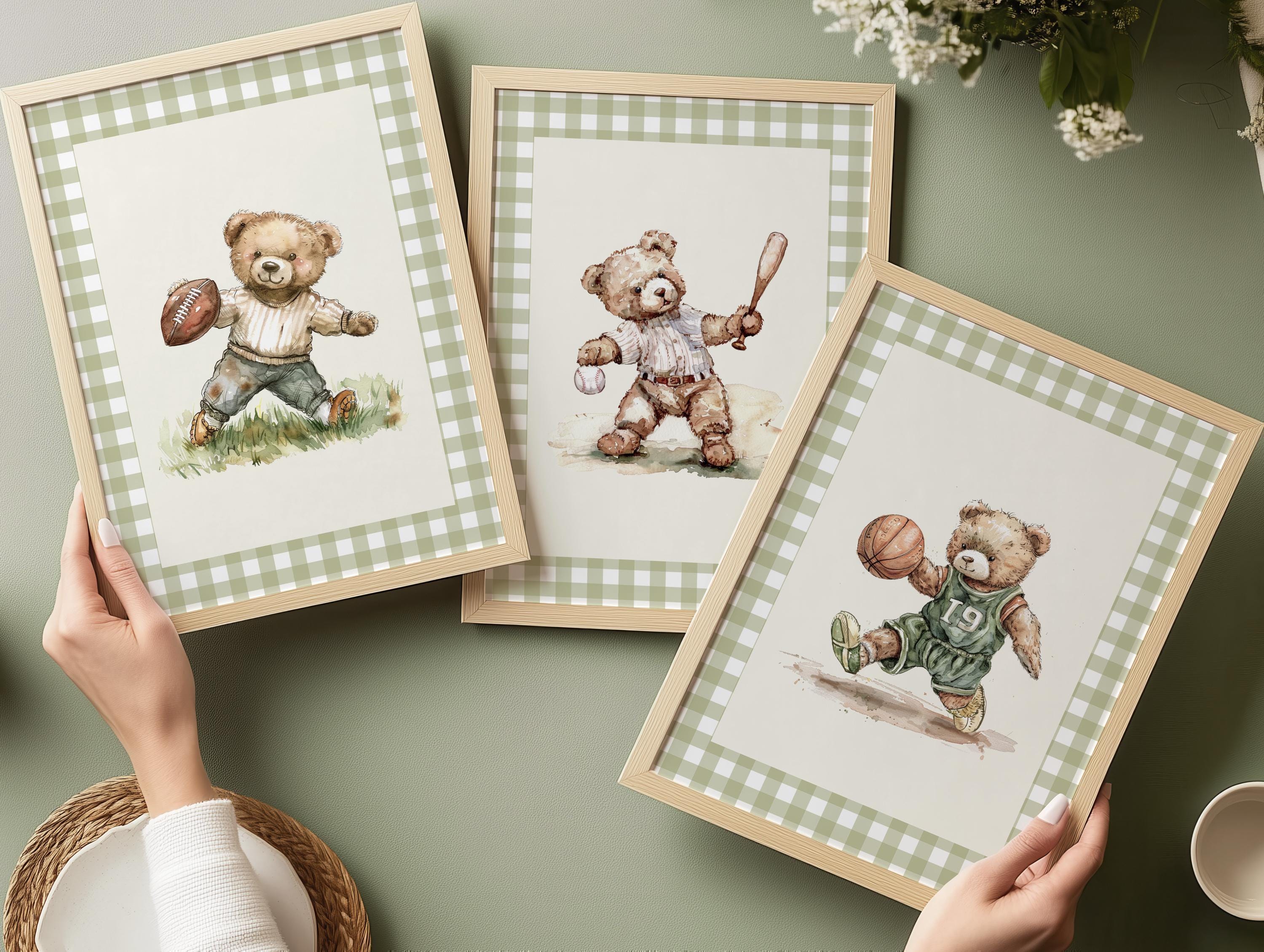 Set of 6 Vintage Teddy Bear Sports Wall Art, Babyshower Gift Boy, Watercolor Illustrations, Sports Nursery Theme Decor for Kids Room