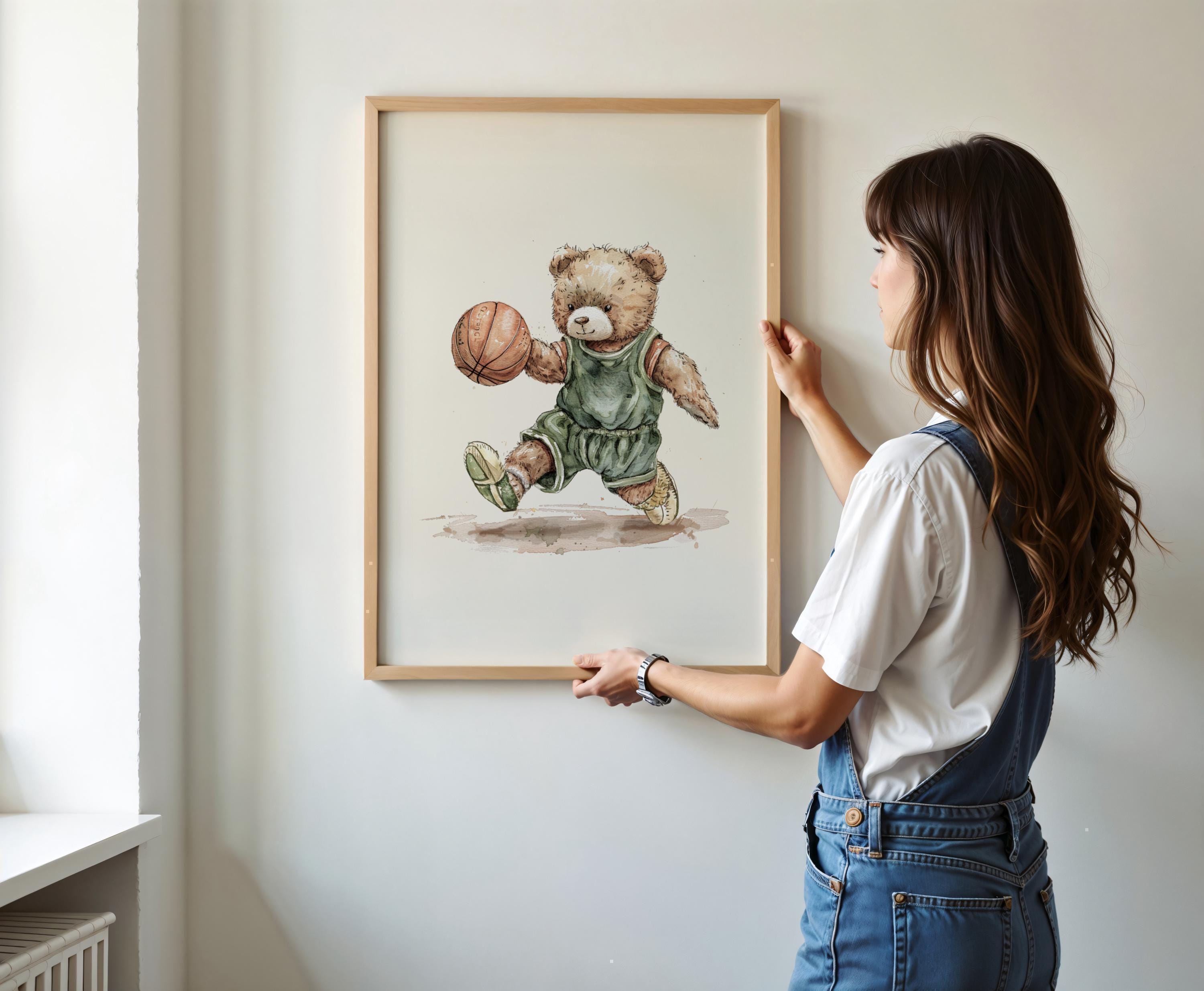 Vintage Basketball Teddy Bear Wall Art, Adorable Bear in Basketball Uniform, Nostalgic Decor for Kids Room, Nursery, Gift for Sports Fans