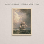 The image is a framed painting depicting a sailing ship on the ocean, with a cloudy sky in the background.