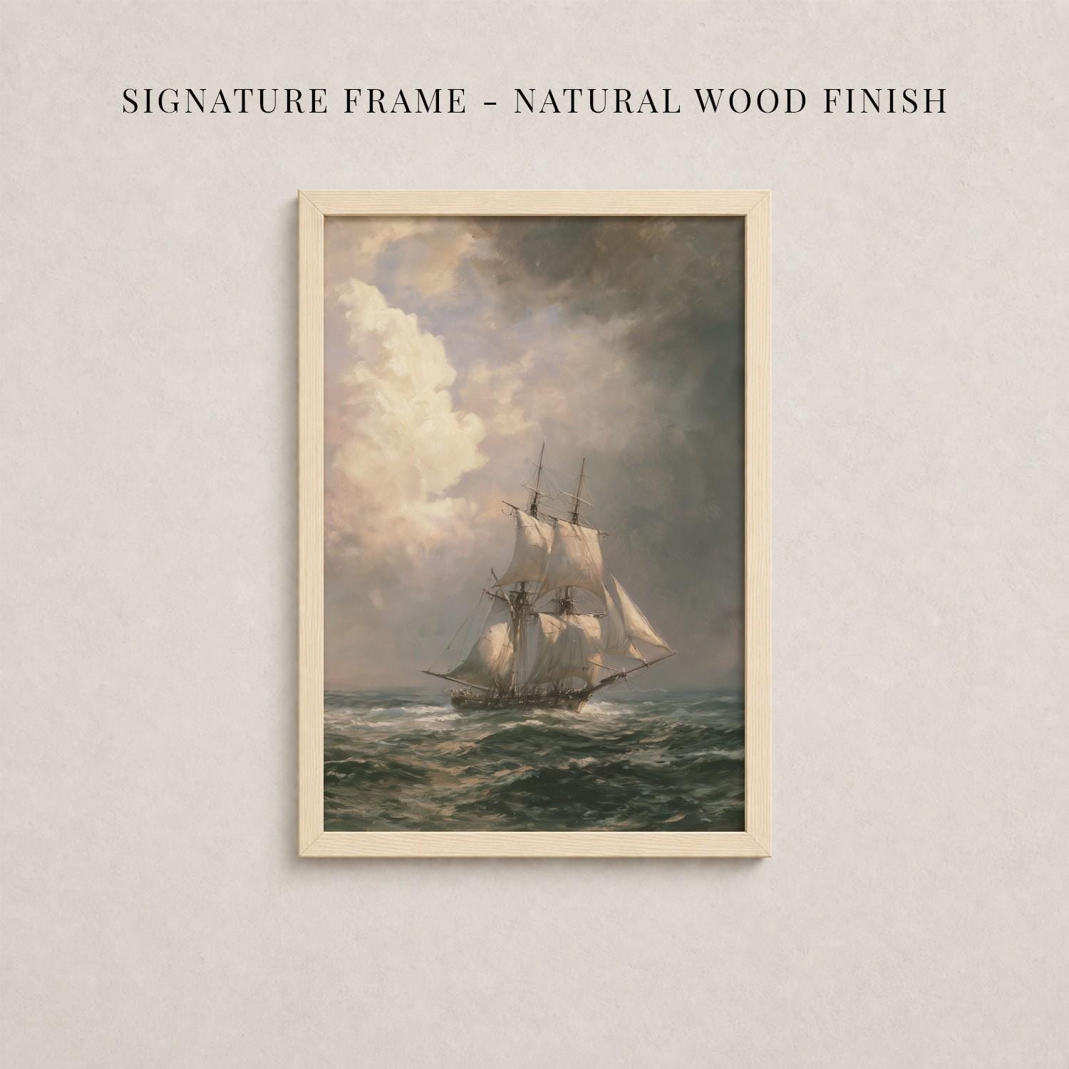 The image is a framed painting depicting a sailing ship on the ocean, with a cloudy sky in the background.