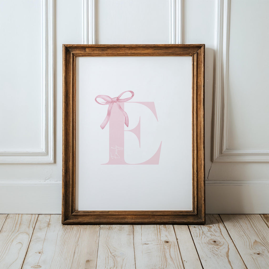 Pink bow coquette wall decoration print Custom Initial Bow Print, bow baby girl name, girls name sign, preppy, vintage, Printable, Framed