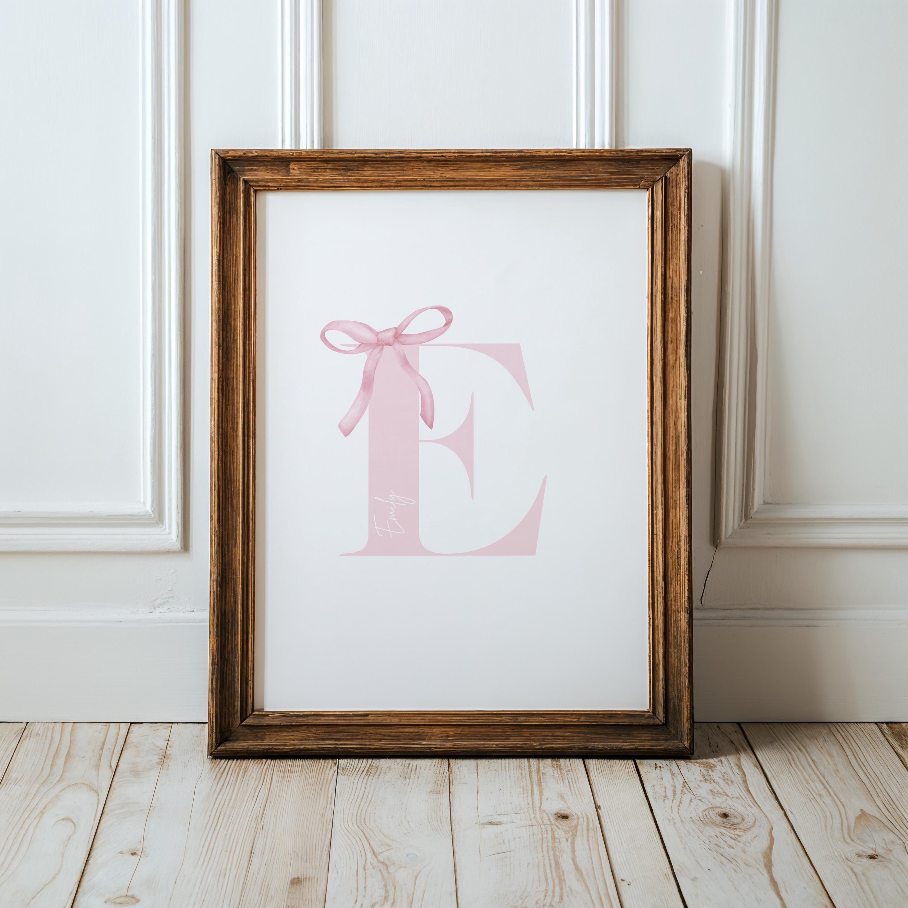 Pink bow coquette wall decoration print Custom Initial Bow Print, bow baby girl name, girls name sign, preppy, vintage, Printable, Framed