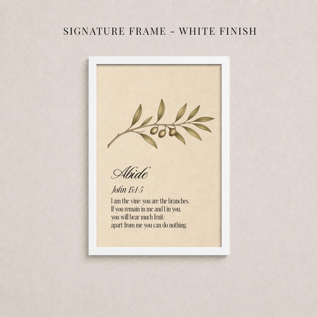 The image is a framed print with a branch of olive leaves and two olives, accompanied by a biblical verse from the book of John.