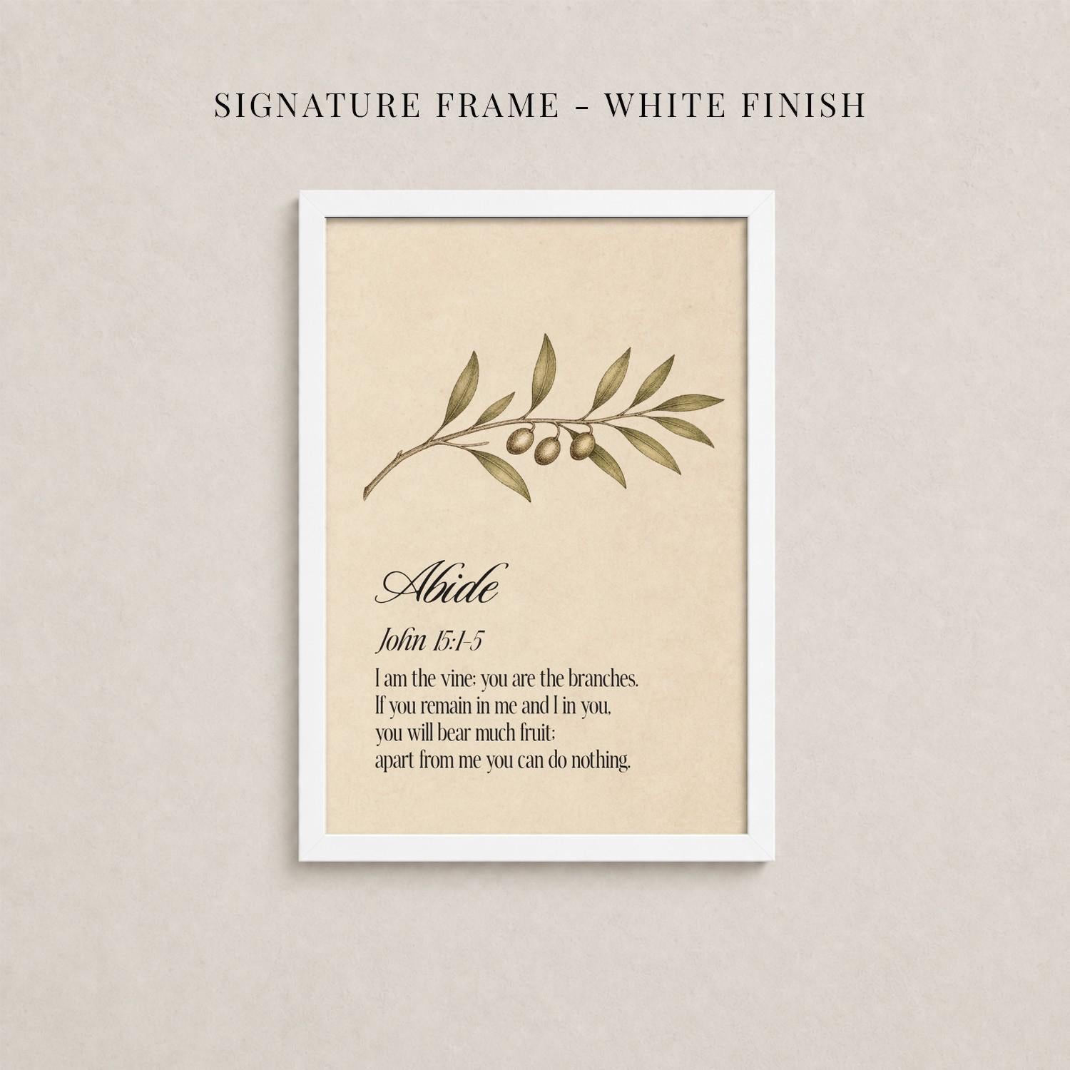 The image is a framed print with a branch of olive leaves and two olives, accompanied by a biblical verse from the book of John.