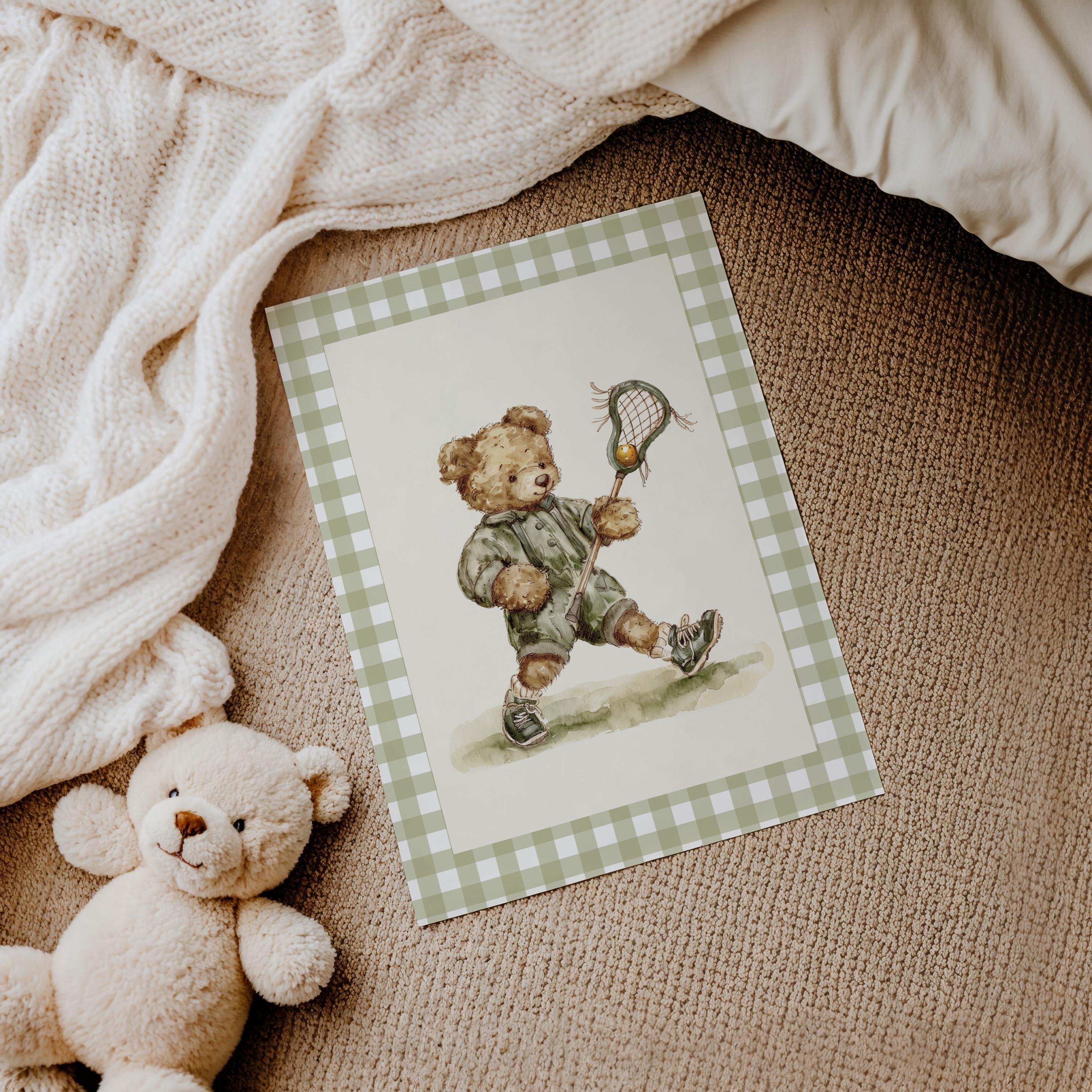 Vintage Lacrosse Teddy Bear Gingham Wall Art, Adorable Bear in Lacrosse Uniform, Decor for Kids Room, Nursery, Gift for Sports Fans, Green