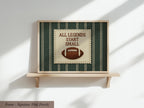 a framed poster with the text "ALL LEGENDS START SMALL" and an embroidered football on a green and white background.