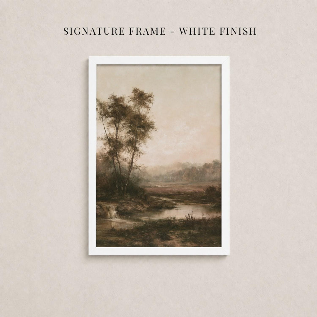The image is a framed painting depicting a serene landscape with trees, a river, and a hazy sky.