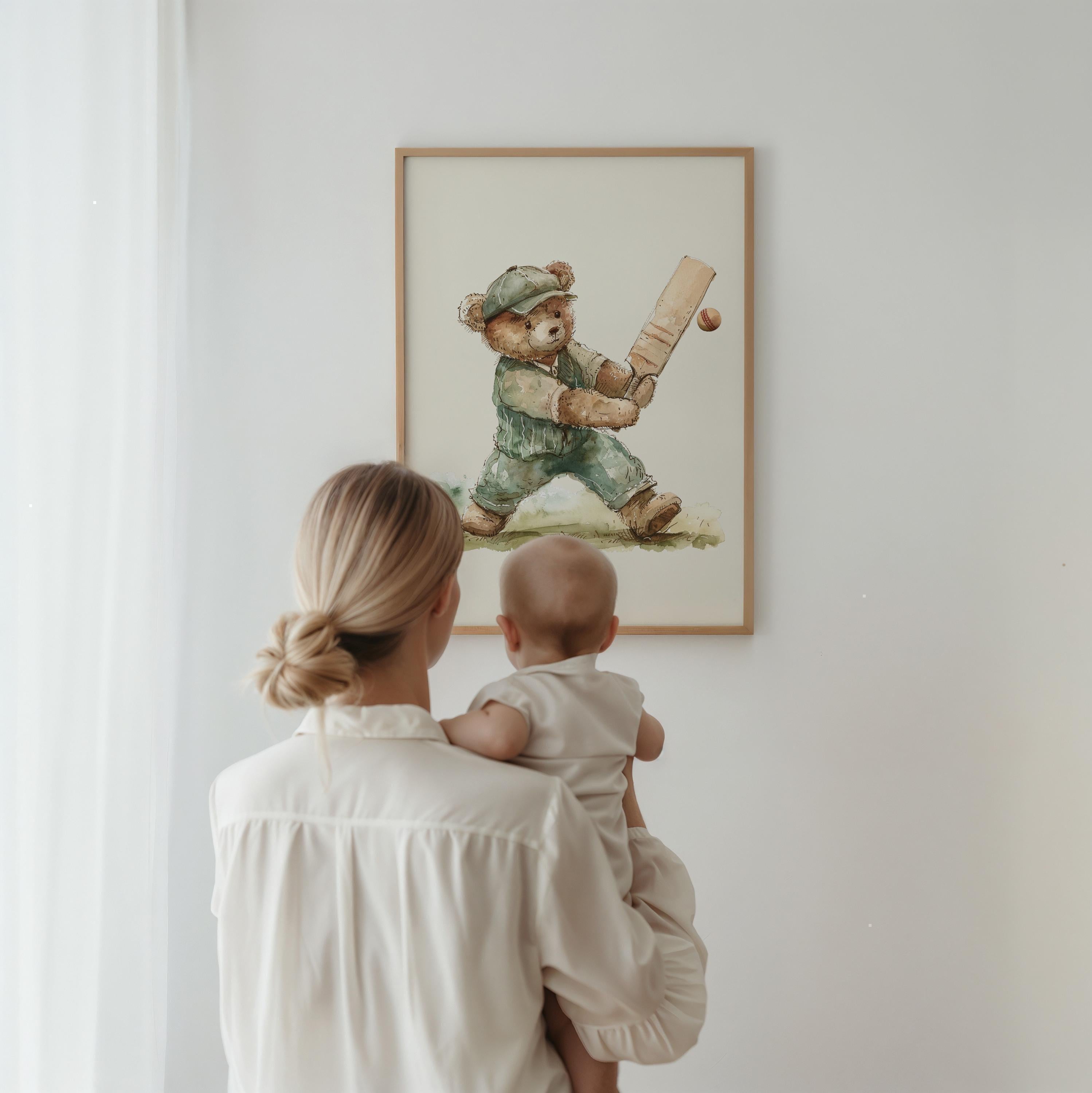 Boy Cricket Nursery Art,Vintage Boy Nursery,Teddy Bear Cricket Print Nursery,Teddy Bear Art Kids Room,Minimal,Green,Digital,Printable,Framed