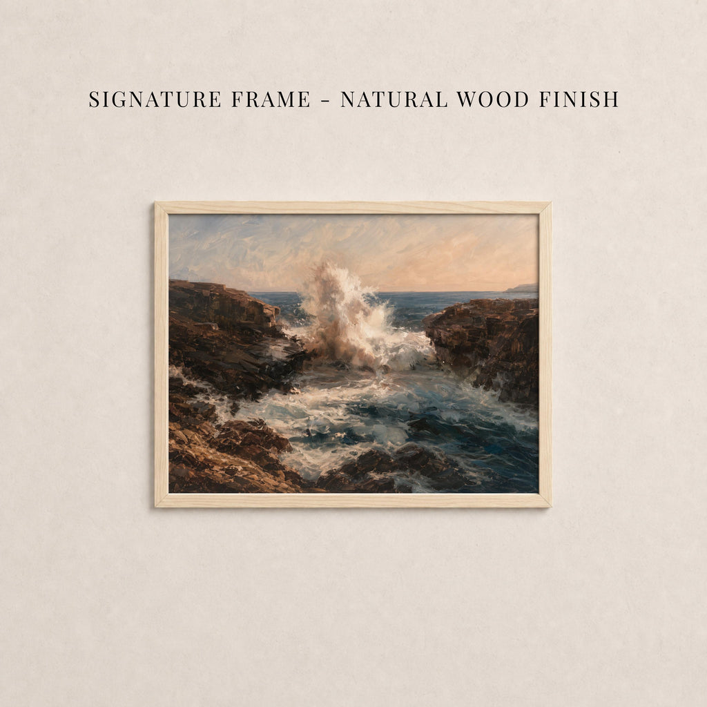 The image is a framed painting depicting a rocky coastline with crashing waves.