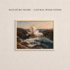 The image is a framed painting depicting a rocky coastline with crashing waves.