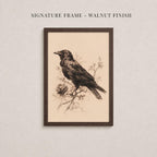 The image is a framed artwork depicting a bird perched on a branch with flowers.