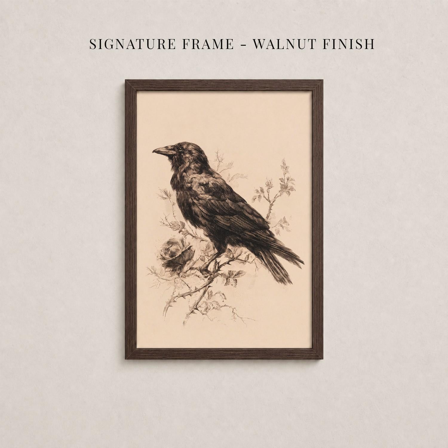 The image is a framed artwork depicting a bird perched on a branch with flowers.